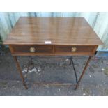 LATE 19TH CENTURY MAHOGANY SIDE TABLE WITH 2 DRAWERS ON TURNED SUPPORTS,