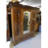 19TH CENTURY MAHOGANY TRIPLE DOOR MIRROR WARDROBE WITH BOXWOOD INLAY OVER BASE OF 2 DRAWERS ON