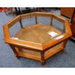 LARGE OCTAGONAL COFFEE TABLE WITH GLASS INSET TOP & BERGERE UNDERSHELF,