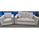 GREY OVERSTUFFED 2 SEATER SETTEE & MATCHING ARMCHAIR