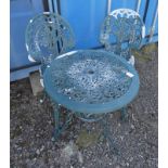 METAL CIRCULAR GARDEN TABLE WITH PIERCED DECORATION & 2 MATCHING CHAIRS,