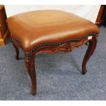 CONTINENTAL MAHOGANY STOOL WITH CARVED DECORATION & LEATHER TOP ON CABRIOLE SUPPORTS