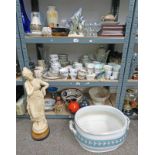 LARGE FIGURE OF CLASSICAL LADY, VARIOUS PORCELAIN TEA SETS, LARGE PORCELAIN FOOT BATH, CUT GLASS,