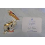 ROYAL CROWN DERBY LIMITED EDITION WHITE PELICAN WITH GOLD STOPPER & CERTIFICATE