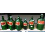 SELECTION OF GREEN GLASS CHEMIST/MEDICINE BOTTLES OVER 1 SHELF Condition Report: