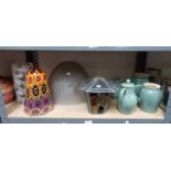 VARIOUS ARTS & CRAFTS STYLE LAMP SHADES & POTTERY JUGS ETC ON ONE SHELF