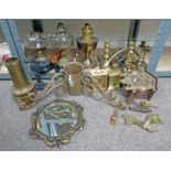 2 19TH CENTURY CIRCULAR BASED CUT GLASS PARAFFIN LAMPS, VARIOUS BRASS CANDLESTICKS, 2 BRASS CLOCKS,