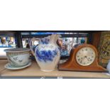 MAHOGANY CASED MANTLE CLOCK TOGETHER WITH DECORATIVE PLANT POT AND EWER OVER ONE SHELF