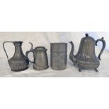 PEWTER TEAPOT TOGETHER WITH LIDDED JUG, TANKARD AND JAR.