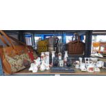 CARVED WOODEN DESK SET WITH OWL DECORATION TOGETHER WITH A HAND BAG & VARIOUS PORCELAIN ORNAMENTS