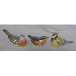 THREE ROYAL CROWN DERBY BIRD PAPERWEIGHT WITH GOLD STOPPERS