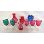 SELECTION OF COLOURED GLASS INCLUDING JUGS, VASES & GLASSES.