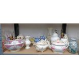 19TH CENTURY PORCELAIN BOWL & TEAPOTS, VARIOUS BELLEEK PORCELAIN, HUMMEL LAMPS,