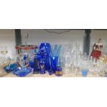 CUT GLASS DECANTER & 6 GLASSES ON MAHOGANY STAND, VARIOUS CUT GLASS DECANTERS & GLASSES,