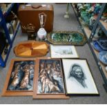 SELECTION OF VARIOUS ITEMS INCLUDING PORCELAIN TABLE LAMP, FRAMED PICTURES,