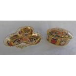 ROYAL CROWN DERBY LIDDED DISH. LENGTH 8CM AND OTHER.