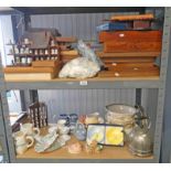 SELECTION OF VARIOUS PORCELAIN THIMBLES AND DISPLAY CASES OVER TWO SHELVES