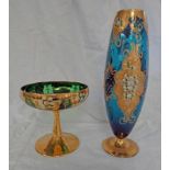 COLOURED GLASS VASE WITH GILT & FLORAL DECORATION. HEIGHT 38 CM.