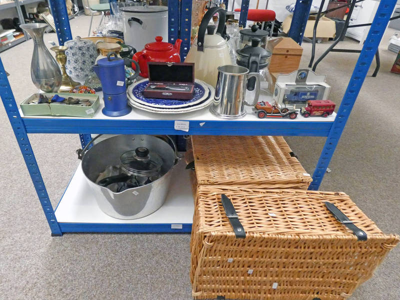 SELECTION OF VARIOUS ITEMS INCLUDING TEA POTS, GLASS PAPERWEIGHTS,