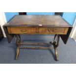 EARLY 20TH CENTURY MAHOGANY SOFA TABLE WITH LEATHER INSET TOP, 2 DRAWERS AND BRASS PAW FEET,