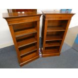 PAIR LATE 20TH CENTURY YEW WOOD OPEN BOOKCASES WITH ADJUSTABLE SHELVES ON PLINTH BASES 123 CM X