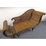 19TH CENTURY CAMPAIGN STYLE HARDWOOD EXTENDING DOUBLE CANE BERGERE CHAISE LONGUE WITH ADJUSTABLE