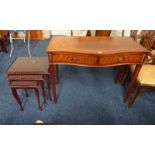 INLAID MAHOGANY SIDE TABLE WITH SERPENTINE FRONT & 2 DRAWERS ON SQUARE SUPPORTS & NEST OF 3