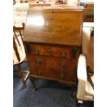 EARLY 20TH CENTURY WALNUT BUREAU WITH FALL FRONT OVER 3 DRAWERS ON QUEEN ANNE SUPPORTS,