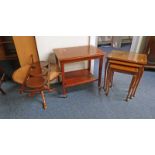 MAHOGANY GAMES TROLLEY, NEST OF 3 TABLE, CAKE STAND,