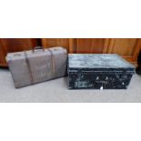 WOOD BOUND CANVAS SUITCASE AND TIN BOX