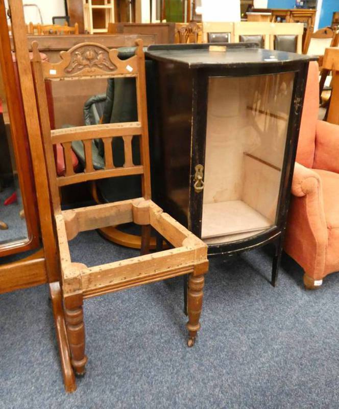 LATE 19TH CENTURY PAINTED DISPLAY CABINET WITH BOW FRONT ON SQUARE SUPPORTS & CHAIR,