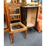 LATE 19TH CENTURY PAINTED DISPLAY CABINET WITH BOW FRONT ON SQUARE SUPPORTS & CHAIR,