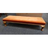 19TH CENTURY RECTANGULAR STOOL ON SHORT MAHOGANY QUEEN ANNE SUPPORTS,