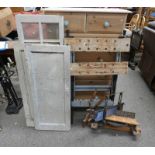 PAIR OF GLASS PANEL DOORS WITH PAINTED FRAMES AND 2 OTHERS, MITRE SAW,