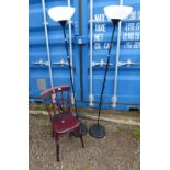 PAIR OF METAL UPLIGHTERS AND CHAIR ON TURNED SUPPORTS