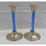 PAIR OF SILVER MOUNTED BLUE GLASS CANDLESTICKS, LONDON 2015 - 24.