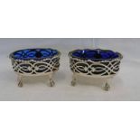 PAIR OF GEORGE III SILVER SALTS WITH BLUE GLASS LINERS ON BALL & CLAW FEET BY D & R HENNELL,