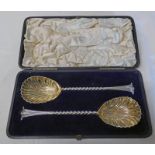 CASED PAIR OF SILVER SERVING SPOONS WITH TWIST STEMS BY JOHNSON WALKER & TOLHURST LONDON 1900 -