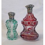 CONTINENTAL SILVER TOPPED BOHEMIAN RUBY FLASHED GLASS SCENT BOTTLE DECORATED WITH FISH & ONE OTHER