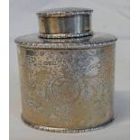 SILVER OVAL LIDDED TEA CADDY WITH ENGRAVED DECORATION,