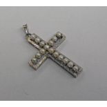 18CT WHITE GOLD CROSS PENDANT SET WITH HALF PEARLS - 5CM LONG,