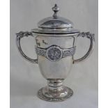 SILVER 2-HANDLED LIDDED CUP WITH CELTIC KNOT DECORATION BY DAVIDSON HENDERSON & SORLEY,