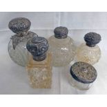4 SILVER TOPPED CUT GLASS DRESSING SCENT BOTTLES & SILVER TOPPED JAR