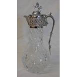 HEAVY CUT GLASS WATER JUG WITH SILVER PLATED MOUNTS, WITH LION RAMPART FINIAL - 31.