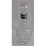 SILVER MOUNTED ETCHED GLASS DECANTER,