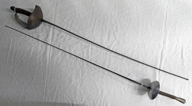 A FENCING SABRE WITH 87 CM BLADE MARKED WILKINSON MK 111 WITH CHEQUERED WOOD GRIP & A FENCING FOIL