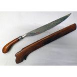 INDONESIAN BADEK WITH SINGLE EDGED CURVED BLADE - 33 CM WITH WOOD PISTOL GRIP AND TWO PIECE WOODEN