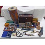 DRUM WITH DRUM STICKS, METAL BOXES, TUNING FORKS, DICE, BELL PULL, BLOCK IRON,