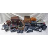 SELECTION OF CAMERAS AND EQUIPMENT IN A BOX TO INCLUDE ROSS ENSIGN FUL-VUE SUPER CAMERA,