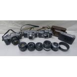 SMALL BOX OF CAMERAS AND ACCESSORIES TO INCLUDE CANON AL-1 CAMERA WITH CANON FD 50MM 1:2 LENS,